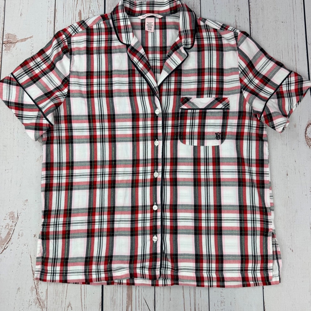 Victorias Secret Plaid Pajama Top Red White Black Metallic Logo Small